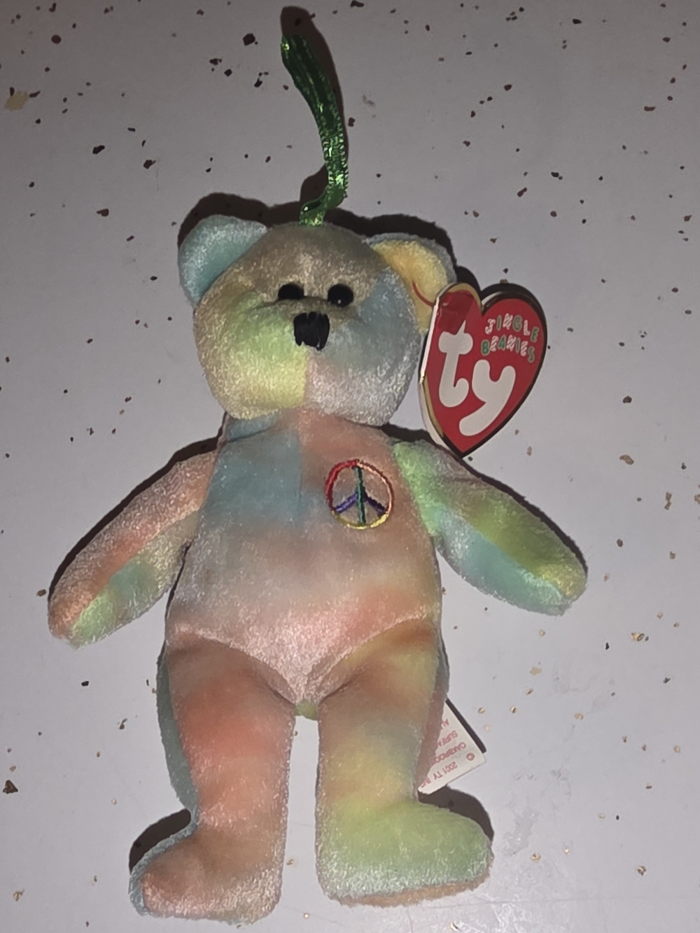 Ty Rainbow Tie-Dye Peace Bear Plush Ornament 2001 Peace Holiday NWT